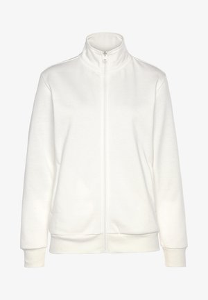 Witte zip-up jas met hoge kraag, gemaakt van zachte stof. Beschikt over zijzakken en ribbels aan de uiteinden van de mouwen en de zoom.