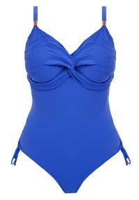 Blauwe tankini met een gedraaide voorkant, gestructureerde cups, verstelbare bandjes en zijstrikjes voor een aanpasbare pasvorm.