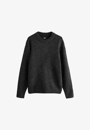 Sötétszürke pulóver, texturált gyapjú keverékből készült, kereknyakú, hosszú ujjú, bordás mandzsettákkal és aljjal. Egyszerű dizájn.