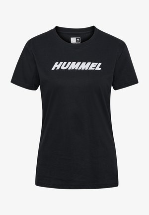 Schwarzes Baumwoll-T-Shirt mit kurzen Ärmeln und Rundhalsausschnitt. Auf der Brust befindet sich ein großes, weißes "HUMMEL"-Logo.