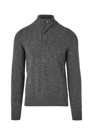 Maglione a girocollo in tessuto lavorato grigio scuro con colletto alto, zip parziale e polsini e orlo a coste. Presenta due bottoni sul colletto.