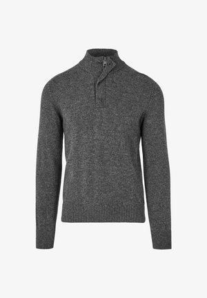 Pullover-Sweater aus dunkelgrauem Strickstoff mit hohem Kragen, halbem Reißverschluss und gerippten Bündchen und Saum. Verfügt über zwei Knöpfe am Kragen.