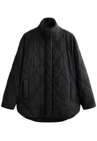 Zwarte gewatteerde jas met een hoge kraag, voorzien van een textuurpatroon, voorzakken en een iets oversized silhouet.