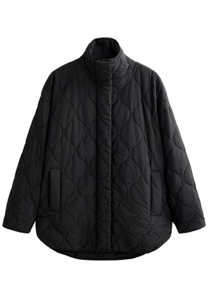 Black quilted jacket with a high collar, featuring a textured pattern, front pockets, and a slightly oversized silhouette.