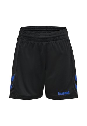 Sorte atletikshorts med blå sikkelmønstre på siderne og blå hummel-logo på det forreste højre ben, med elastisk taljebånd.