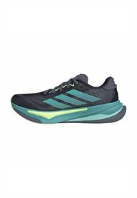 Running shoe with a navy mesh upper, teal accents, and a cushioned sole featuring a light green outsole. Three stripes logo on the side.
