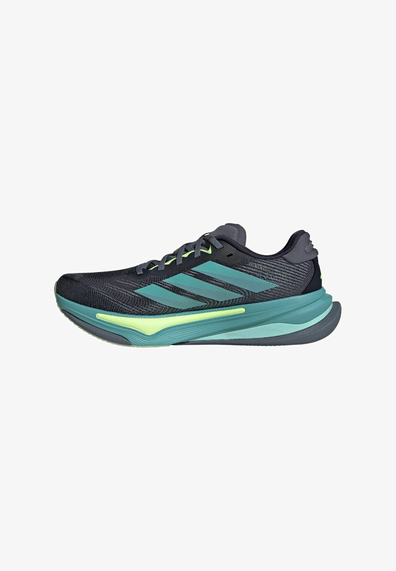 Running shoe with a navy mesh upper, teal accents, and a cushioned sole featuring a light green outsole. Three stripes logo on the side.