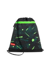 Schnüroptaschen-Rucksack in Schwarz und Grün, mit Spritzmustern, einem grünen Reißverschluss oben und einem strukturierten Stoff mit einem stabilen schwarzen Boden.