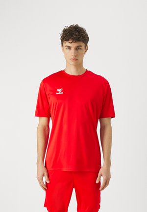 Red athletic t-shirt with short sleeves, rounded neckline, and logo on the left chest. Made of smooth, lightweight material.