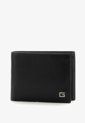 Portafoglio in pelle nera con design pieghevole, caratterizzato da un accento in logo argentato e una texture liscia. Cuciture evidenziate sui bordi.