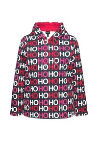 Felpa con cappuccio realizzata in tessuto che presenta un motivo ripetuto "HO" in rosso, rosa e bianco su uno sfondo blu scuro; polsini elasticizzati.