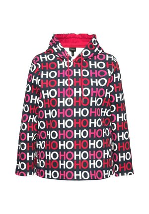 Hoodie van stof met een herhalend "HO" patroon in rood, roze en wit op een marineblauwe achtergrond; elastische manchetten.