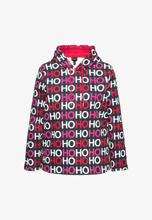 Mikina s kapucí vyrobená z látky se vzorem opakovaných "HO" v červené, růžové a bílé barvě na tmavě modrém pozadí; elastické manžety.