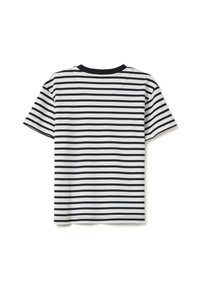 Gestreepte t-shirt met horizontale zwart-witte strepen, ronde hals, korte mouwen, gemaakt van gladde stof. Achteraanzicht weergegeven.