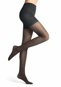 Collants noirs avec une texture côtelée et une taille lisse. Les jambes sont transparentes avec un subtil éclat, mettant en valeur un design structuré.
