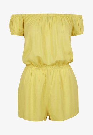 Gul off-the-shoulder jumpsuit i lättviktsmaterial. Har puffärmar, elastisk midja och korta, löst sittande shorts.