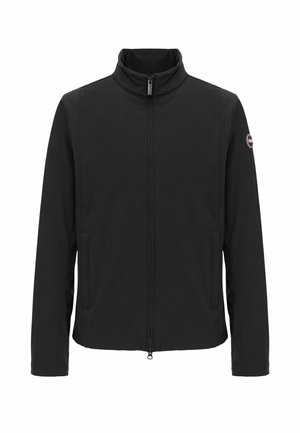 Giacca nera con zip, colletto alla coreana, maniche lunghe, logo a toppa sul braccio sinistro e due tasche frontali.