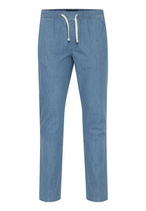 Lichtblauwe denim joggerbroek met een elastische tailleband, een trekkoordsluiting en taps toelopende benen. Soepele textuur, geen zichtbare patronen of versieringen.