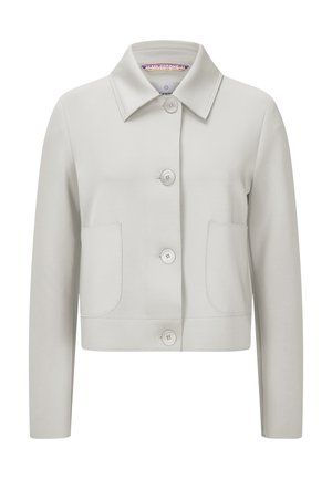Hellgraue, kürzere Jacke mit einem strukturierten Kragen, vorderem Knopfverschluss, zwei aufgesetzten Taschen und glatter Stoffbeschaffenheit.