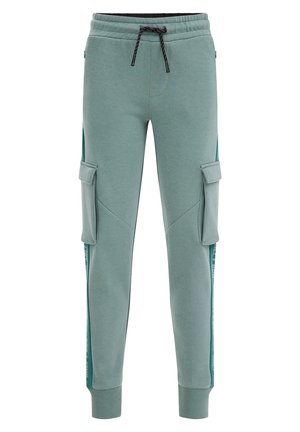 Grüne Slim-Fit-Jogginghose mit seitlichen Cargo-Taschen, elastischem Bund mit schwarzem Kordelzug und gerippten Bündchen.
