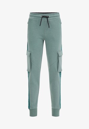 Pantalon jogger vert slim fit avec poches cargo latérales, taille élastique avec cordon noir et poignets côtelés.