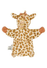 Plush giraffe with a spotted design in soft beige and brown. Features corduroy accents on arms and ears, with a textured mane detail.