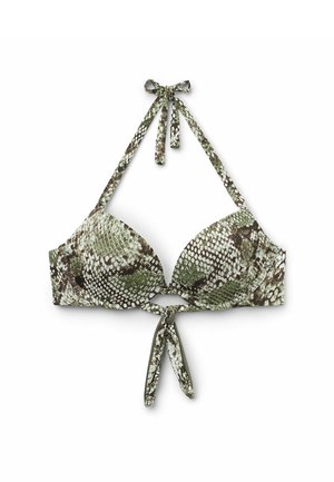 Top de bikini de estampado de serpiente en verde y marrón, con un diseño acolchado suave, tirantes ajustables en el cuello y el centro, y una base con corte.