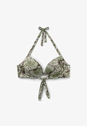 Top de bikini de estampado de serpiente en verde y marrón, con un diseño acolchado suave, tirantes ajustables en el cuello y el centro, y una base con corte.