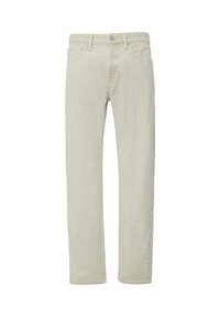 Beżowe dżinsy typu straight-leg, wykonane z denimu, z pięcioma kieszeniami, zapięciem na guzik z przodu oraz subtelnymi detalami w postaci przeszyć.