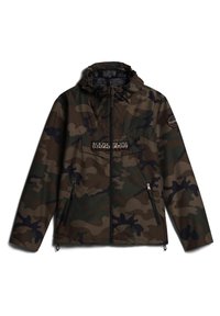 Giacca mimetica in tonalità verde scuro e marrone. Presenta un colletto alto, una zip frontale e due tasche laterali. Tessuto testurizzato con una toppa del logo.