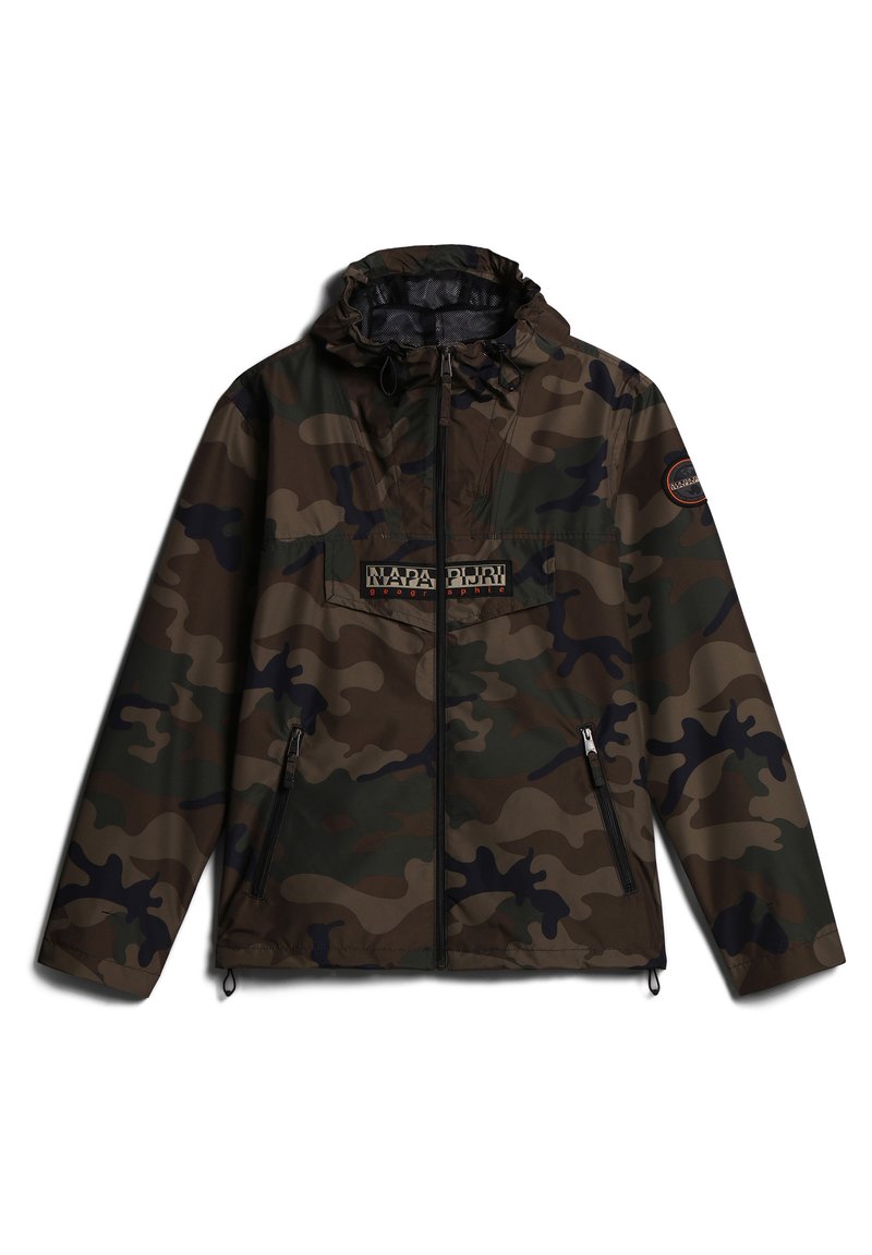 Tarnjacke in dunklen Grün- und Brauntönen. Verfügt über einen hohen Kragen, einen Frontreißverschluss und zwei Seitentaschen. Strukturiertes Material mit einem Logo-Patch.