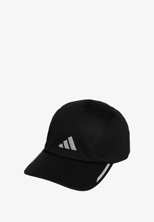 Czarna czapka bejsbolowa wykonana z teksturowanej tkaniny, z zakrzywionym daszkiem, elementami odblaskowymi oraz logo z trzema paskami z przodu.