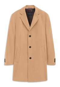 Beige Wollmantel mit Reverskragen, drei schwarzen Knöpfen, seitlichen Taschen und Knopfakzenten an den Ärmeln. Glatte Textur und taillierter Schnitt.