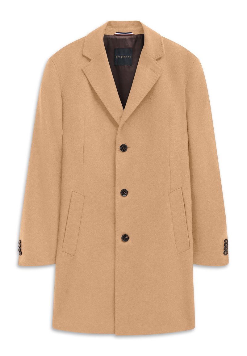 Beige Wollmantel mit Reverskragen, drei schwarzen Knöpfen, seitlichen Taschen und Knopfakzenten an den Ärmeln. Glatte Textur und taillierter Schnitt.