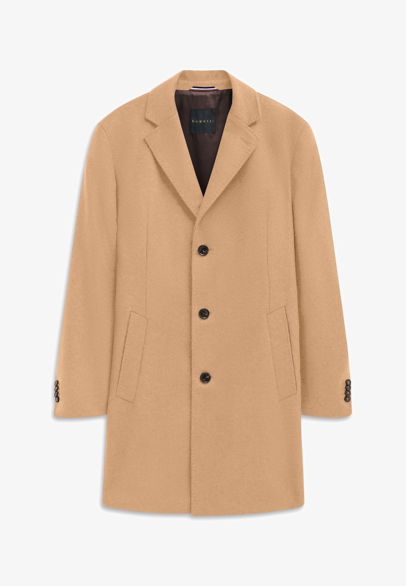 Beige Wollmantel mit Reverskragen, drei schwarzen Knöpfen, seitlichen Taschen und Knopfakzenten an den Ärmeln. Glatte Textur und taillierter Schnitt.