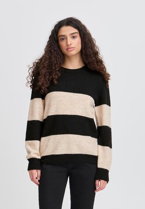 Maglione a righe con strisce orizzontali alternate in nero e beige, scollatura a girocollo, maniche lunghe e polsini e orlo a costine.