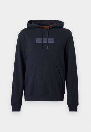 Felpa con cappuccio blu navy con tasca a marsupio frontale e logo rettangolare in rilievo con la scritta "Napapijri geographic" sul petto.