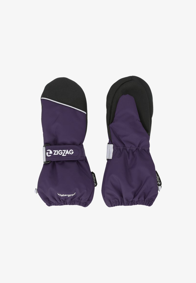 Lila wasserdichte Handschuhe mit schwarzen Akzenten, elastischen Bündchen und einem Klettverschluss, der mit "ZIGZAG" beschriftet ist. Glatte Textur und isoliertes Design.