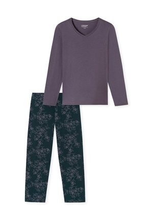 Long-sleeve purple v-neck top and dark green pants with a floral pattern in light purple. Soft fabric, relaxed fit, suitable for loungewear.