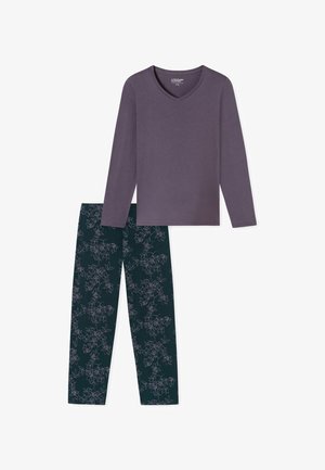 Fioletowa bluzka z długim rękawem i dekoltem w serek oraz ciemnozielone spodnie w kwiatowy wzór w jasnym fiolecie. Miękki materiał, luźny krój, idealne na czas relaksu.