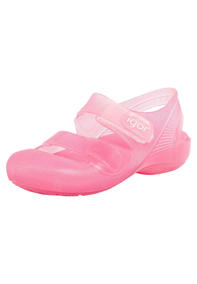Translucent pink plastic shoe with a rounded toe, adjustable straps, and textured surface. Lightweight design for easy wear and comfort.