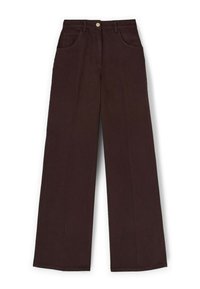 Dunkelbraune weit geschnittene Hose mit hoher Taille, drei Taschen, einer vorderen Knopföffnung und einer glatten Stoffstruktur.