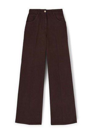 Pantaloni a gamba larga marrone scuro con vita alta, dotati di tre tasche, chiusura frontale con bottone e una texture di tessuto liscia.