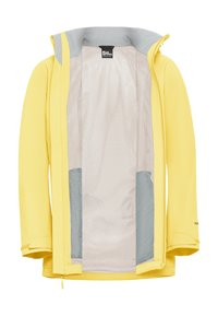 Veste imperméable jaune avec devant ouvert, montrant une doublure intérieure en mesh respirant gris clair et l’intérieur de la capuche gris.