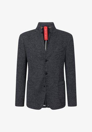 Ciemnoszary, teksturowany żakiet z kołnierzem mandaryńskim, z przodu zapinany na guziki, z dwiema kieszeniami oraz wyraźną czerwoną metką z napisem "JOOP! JEANS."