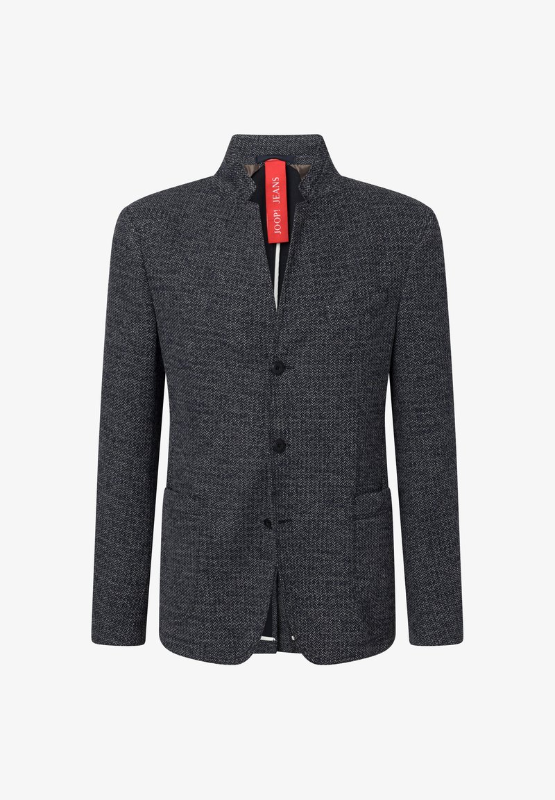 Dark gray textured blazer with a mandarin collar, front buttons, two pockets, and a prominent red tag labeled "JOOP! JEANS."