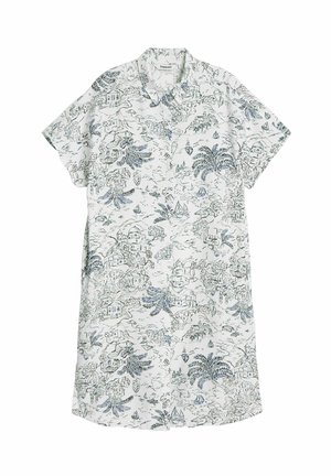 Short-sleeve shirt in white fabric featuring a detailed blue and green landscape pattern with houses, ships, and foliage illustrations.