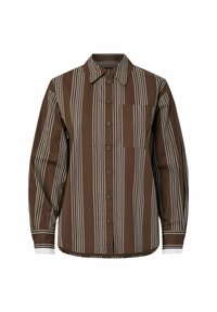Camicia button-up marrone con strisce verticali bianche, una tasca sul petto e polsini bianchi a contrasto. Realizzata in tessuto morbido.