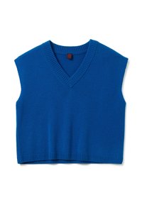Blauw mouwloos vest met een V-hals, geribbelde halslijn en zoom. Zachte textuur en cropped ontwerp voor een aangesloten look.