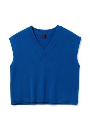 Blauer ärmelloser Pullover mit V-Ausschnitt, geripptem Hals- und Saumabschluss. Weiche Textur und cropped Design für einen figurbetonten Look.